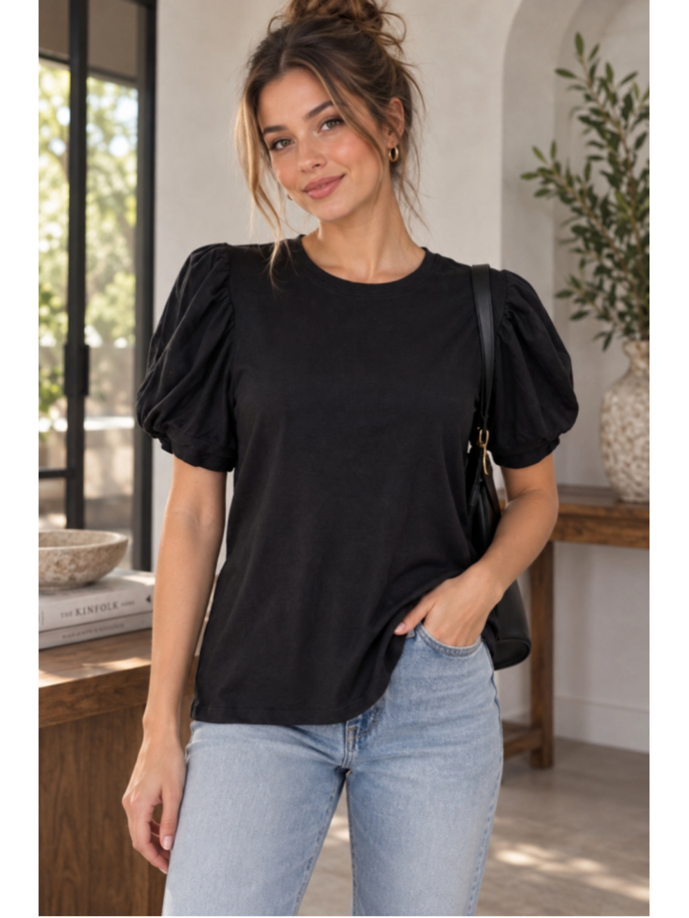 1.STATE Womenβs XL Black Puff Sleeve Cotton Top Short Sleeve Crewneck